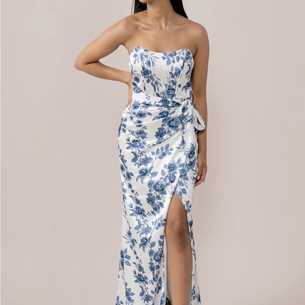 Revelry Amara Satin Floral Print Dress in Dusty Blue Boutique